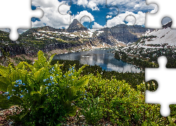 Góry, Jezioro Hidden Lake, Drzewa, Chmury, Park Narodowy Glacier, Stan Montana, Stany Zjednoczone