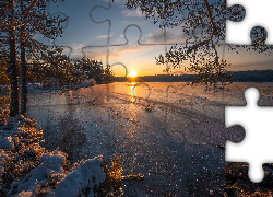 Jezioro, Drzewa, Zachód słońca, Zima, Ringerike, Norwegia