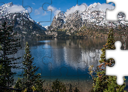 Stany Zjednoczone, Stan Wyoming, Park Narodowy Grand Teton, Jezioro Jenny Lake, Góry, Drzewa, Chmury