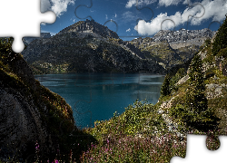 Góry Alpy, Jezioro Lac dEmosson, Świerki, Trawa, Chmury, Kanton Valais, Szwajcaria