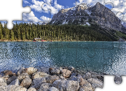 Park Narodowy Banff, Jezioro Lake Louise, Kanada, Góry Skaliste, Kamienie, Domek