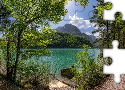 Austria, Styria, Góry, Jezioro Leopoldsteinersee, Drzewa, Chmury