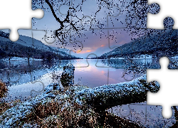 Jezioro Loch Voil, Góry, Lasy, Drzewa, Zima, Szkocja