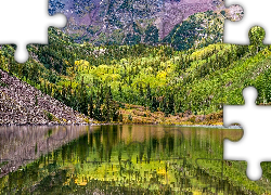 Jezioro Maroon Lake, Zbocza, Góry, Drzewa, Aspen, Kolorado, Stany Zjednoczone