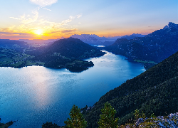 Austria, Góry, Alpy, Jezioro Mondsee, Wschód słońca