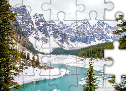 Park Narodowy Banff, Zima, Jezioro, Moraine Lake, Góry Skaliste, Drzewa, Śnieg, Alberta, Kanada