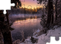 Wschód słońca, Zima, Śnieg, Lód, Mgła, Jezioro, Kapeenkoski, Finlandia