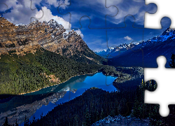 Jezioro, Peyto Lake, Park Narodowy Banff, Góry, Canadian Rockies, Drzewa, Lasy, Chmury, Alberta, Kanada