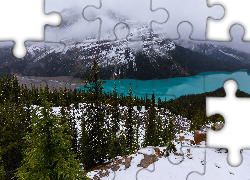 Park Narodowy Banff, Jezioro, Peyto Lake, Góry, Lasy, Drzewa, Śnieg, Alberta, Kanada