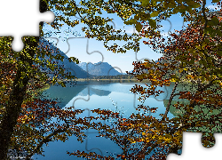 Jesień, Góry, Drzewa, Jezioro Sylvensteinsee, Bawaria, Niemcy