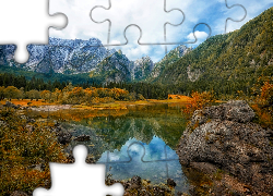 Góry, Jezioro, Drzewa, Las, Skały