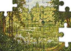 Malarstwo, Obraz, Henri Biva, Drzewa, Jezioro, Most