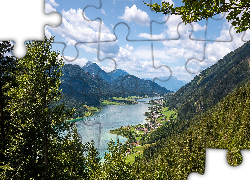 Góry, Jezioro Weissensee, Domy, Drzewa, Austria