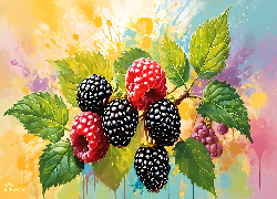 Owoce, Jeżyny, Maliny, Liście, Grafika