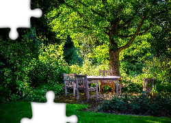 Ogród, Drzewa, Stół, Krzesła