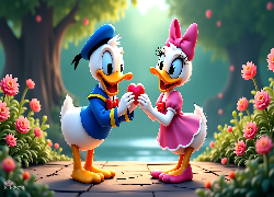 Kaczor Donald, Kaczka Daisy, Kwiaty, Serce, Bajka, Disney, Grafika AI