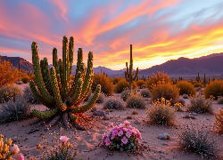 Kolorowe, Niebo, Kaktusy, Różowe, Kwiaty, Kępki, Rośliny, Piasek, Góry