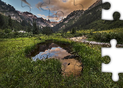 Kałuża, Rzeka, Drzewa, Góry