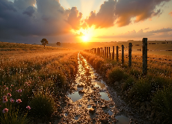 Łąka, Pole, Droga, Ogrodzenie, Kałuże, Zachód słońca