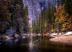Jesień, Las, Drzewa, Góry, Skały, Brzeg, Rzeka, Merced River, Kamienie, Most, Park Narodowy Yosemite, Kalifornia, Stany Zjednoczone