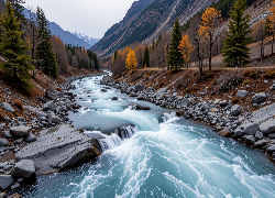 Jesień, Góry, Rwąca, Rzeka, Kamienie, Drzewa