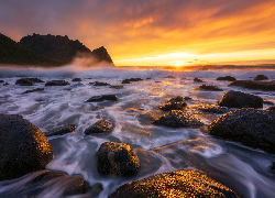 Morze, Góry, Kamienie, Zachód słońca