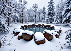 Zima, Drzewa, Polana, Woda, Kamienie, Las, Grafika AI