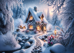 Grafika AI, Zima, Ośnieżony, Dom, Drzewa, Oszronione, Ścieżka, Rzeka, Ślady