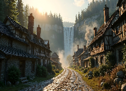 Droga, Domy, Wodospad, Skały