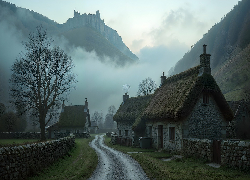 Wioska, Domy, Góra, Zamek, Mgła