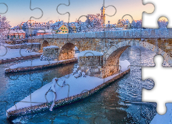 Niemcy, Regensburg, Rzeka, Dunaj, Kamienny, Most, Zima, Śnieg