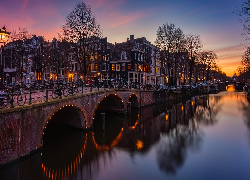 Holandia, Amsterdam, Most, Rzeka, Kanał Leidsegracht, Drzewa, Domy, Wschód słońca