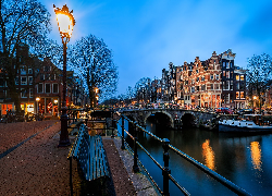 Miasto, Amsterdam, Kanał, Most, Domy, Latarnia, Holandia