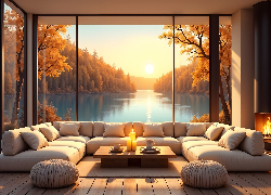 Jesień, Jezioro, Drzewa, Okno, Pokój, Kanapa