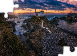 Zachód słońca, Morze, Skały, Kaplica, Virxe do Porto, Hiszpania