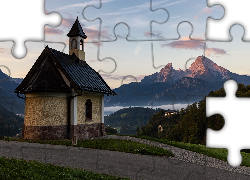 Góry, Alpy, Lasy, Kapliczka, Kirchleitn Kapelle, Chmury, Berchtesgaden, Bawaria, Niemcy