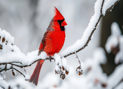 Zima, Ptak, Kardynał szkarłatny, Ośnieżona, Gałązka