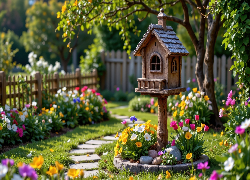 Ogród, Dekoracja, Domek, Karmnik, Kwiaty, Drzewa, Ogrodzenie