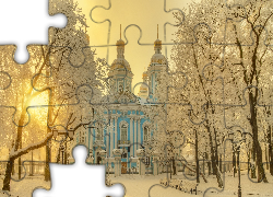 Zima, Drzewa, Park, Cerkiew, Katedra Marynarki Wojennej św Mikołaja, Petersburg, Rosja