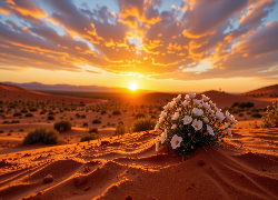 Zachód słońca, Pustynia, Kępka, Białych, Kwiatów, Kępki, Roślin, Zachód słońca
