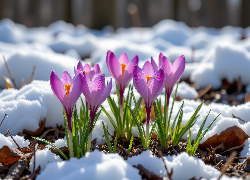 Fioletowe, Rozświetlone, Krokusy, Śnieg