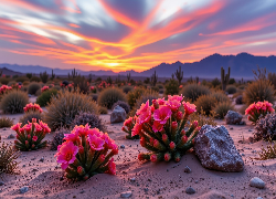 Kolorowe, Niebo, Kwitnące, Kaktusy, Kwiaty, Kępki, Roślin, Góry, Kamienie