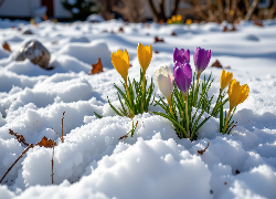 Krokusy, Żółte, Fioletowe, Kwiaty, Śnieg, Grafika AI