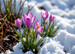 Fioletowe, Krokusy, Kwiaty, Śnieg, Grafika AI