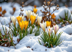 Białe, Żółte, Krokusy, Śnieg