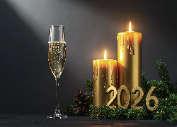 Data, Nowy Rok, 2026, Kieliszek, Szampan, Świece, Gałązki, Szyszka