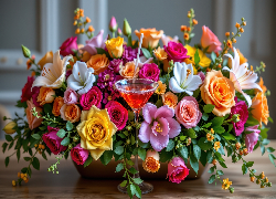 Bukiet, Kwiaty, Drink, Stół