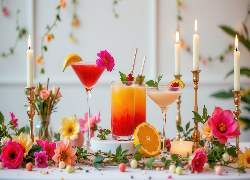 Drinki, Szklanki, Kieliszki, Świece, Kwiaty, Stół, Kompozycja