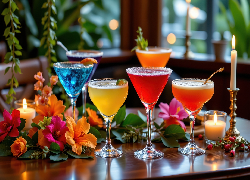 Kolorowe, Drinki, Kieliszki, Kwiaty, Świece, Okno