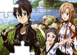 Anime, Sword Art Online, Chłopak, Kirito, Dziewczyna, Asuna,  Dziewczynka, Wędka